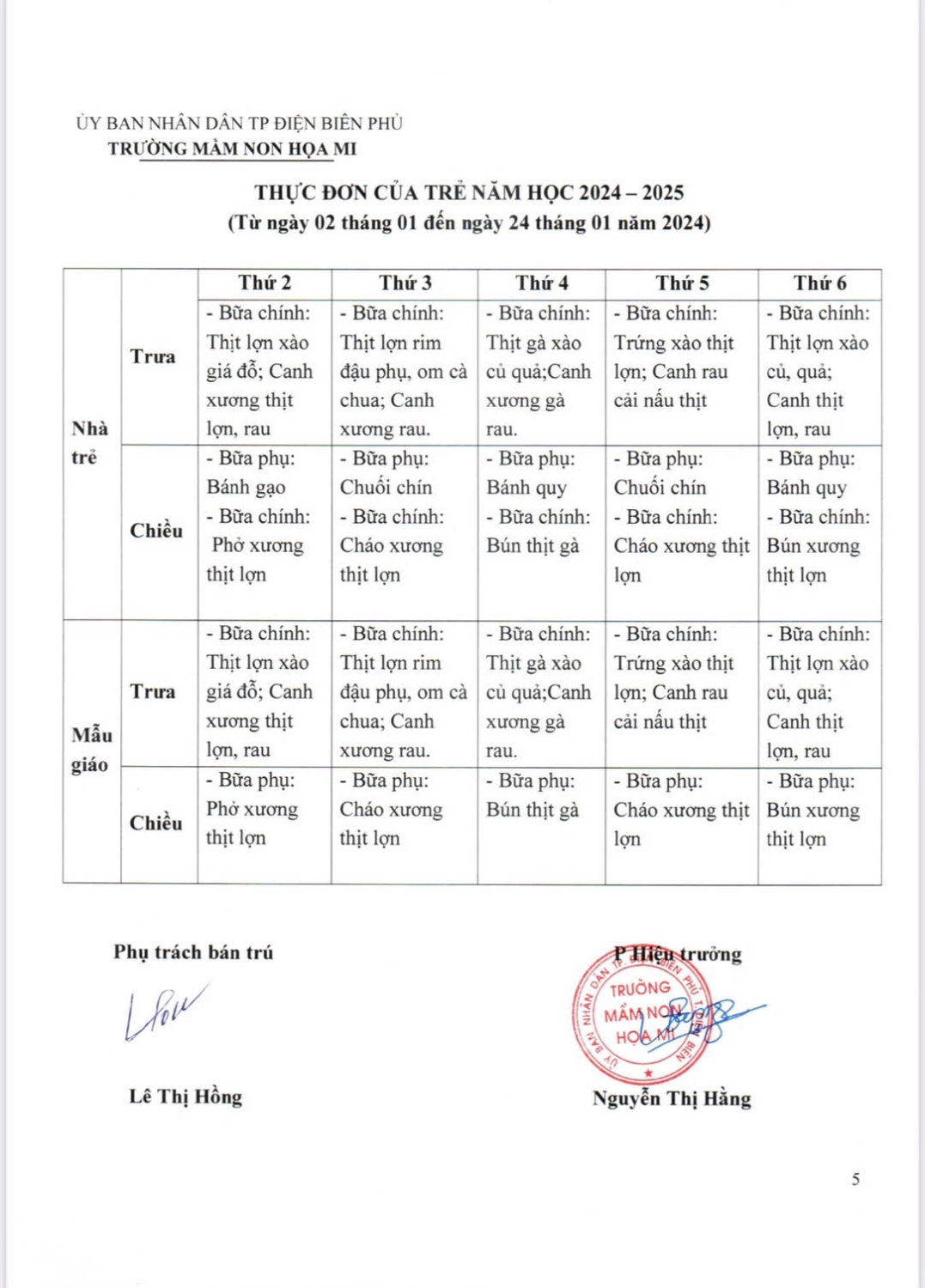 THỰC ĐƠN THÁNG 01 NĂM HỌC 2024 -2025 CỦA TRƯỜNG MN HỌA MI