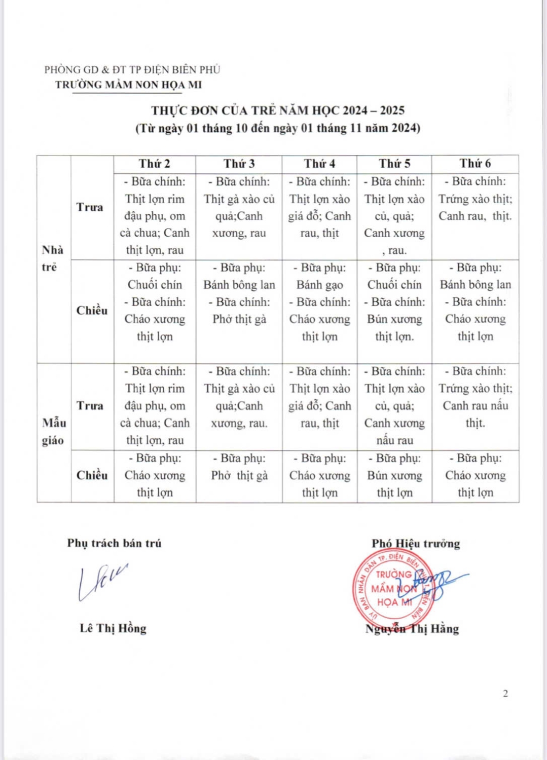 THỰC ĐƠN THÁNG 10 CỦA TRƯỜNG MN HỌA MI NĂM 2024 - 2025