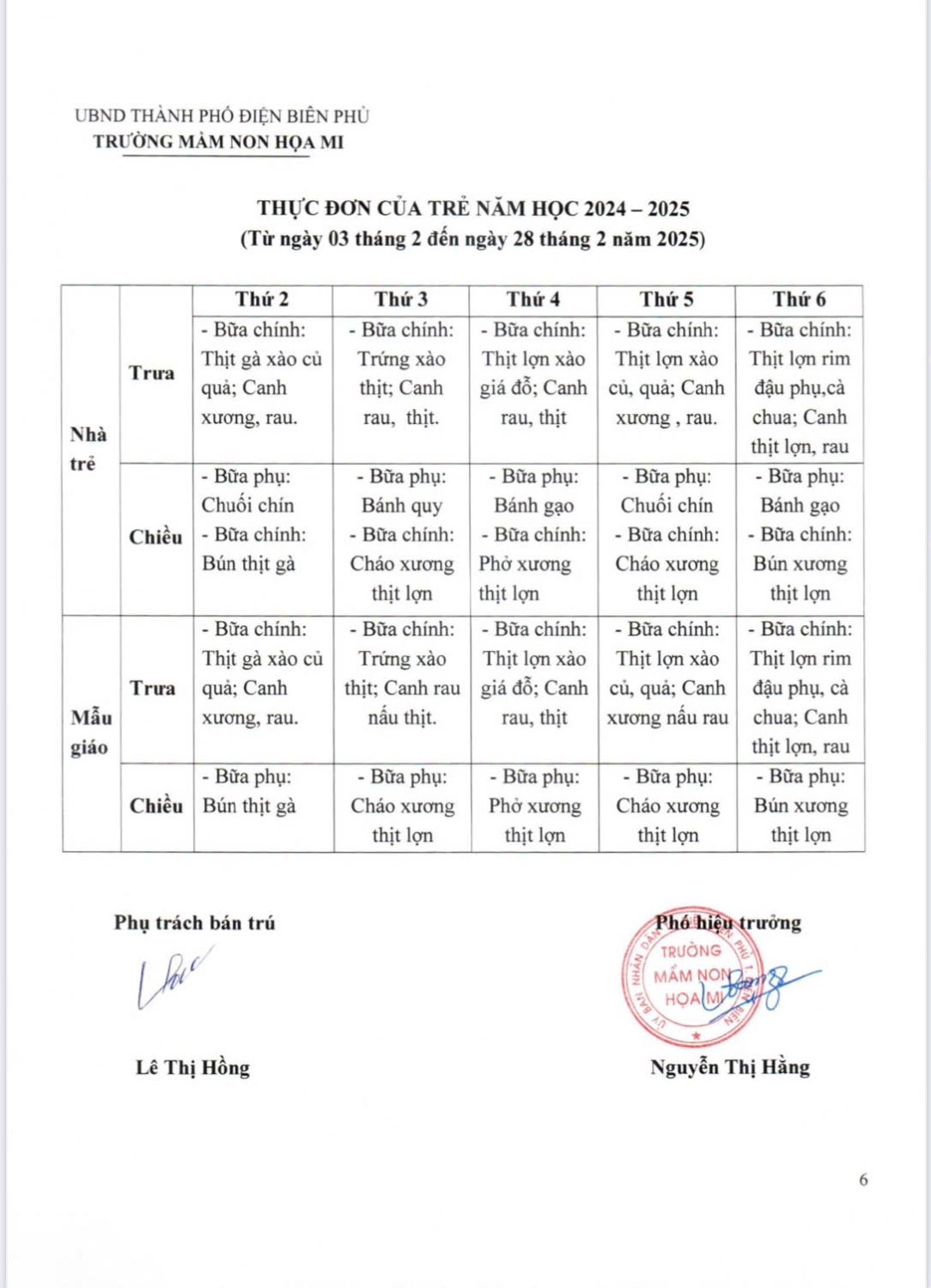 THỰC ĐƠN ĂN THÁNG 2 NĂM HỌC 2024 -2025 CỦA TRƯỜNG MN HỌA MI