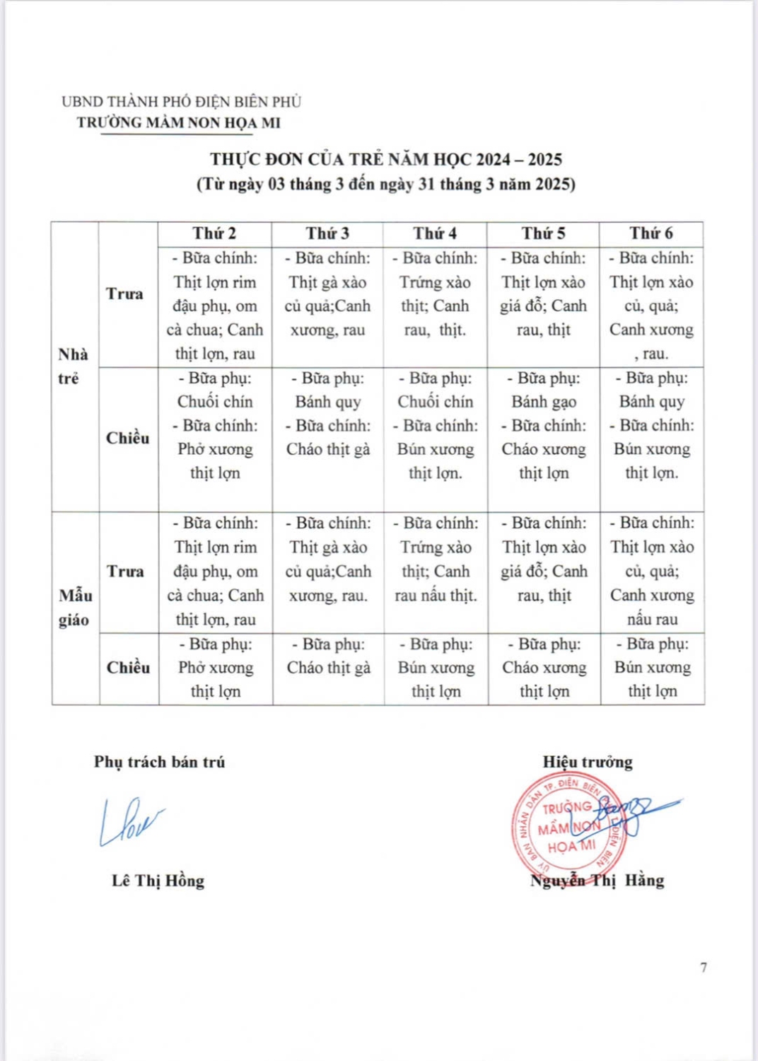 THỰC ĐƠN ĂN THÁNG 3 CỦA TRƯỜNG MN HỌA MI NĂM HỌC 2024 -2025
