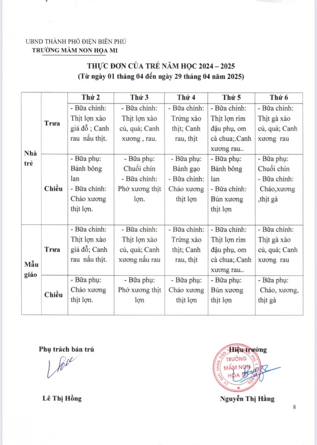 THỰC ĐƠN ĂN THÁNG 4 CỦA TRƯỜNG MN HỌA MI NĂM HỌC 2024 - 2025
