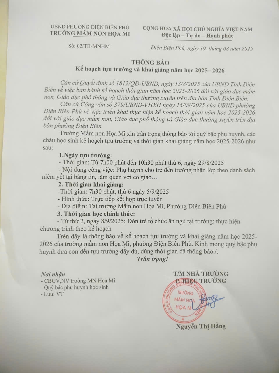 Thông báo kế hoạch tựu trường và khai giảng năm học 2025-2026 của trường mầm non Hoạ Mi.